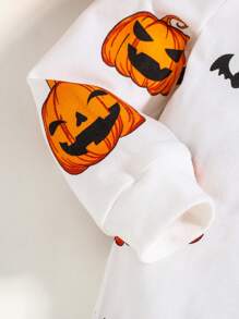 Cozy Pixies 新生男婴卡通南瓜图案万圣节连体衣，长袖 - 白色 - 查看 3