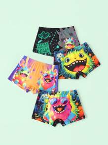 4 件装小男孩舒适透气卡通怪物印花三角裤内裤套装