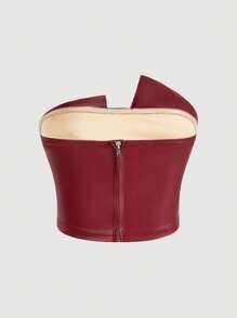 Firerie 女士优雅不对称露肩紧身 PU 衬衫，适合日常生活、通勤、约会、万圣节、圣诞节 - 酒紅色 - 查看 2