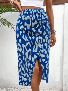 SHEIN LUNE 全印花前开衩休闲裙 - 藍色 - 查看 6