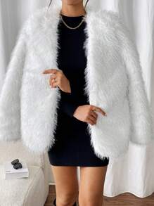 Chiquease Women's Solid Color Fluffy Long Sleeve Jacket - White - View 3