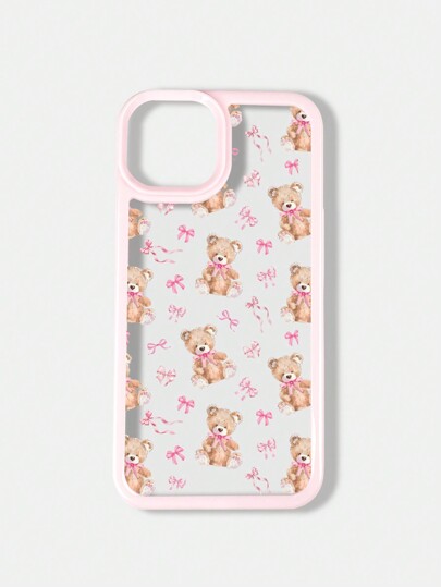 Kawaii 1pc Pink Bow Teddy Bear Pattern IPhone 11/12/13/14/15 Pro Max Phone Case