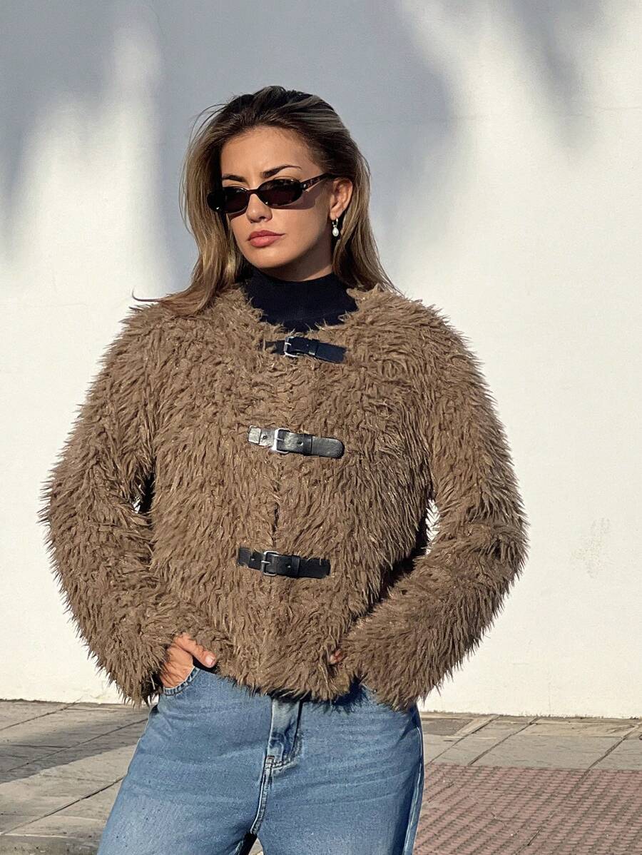 SHEIN Essnce Women's Solid Color Front Button Fluffy Long Sleeve Jacket, Autumn & Winter - Mocha Brown - View 1