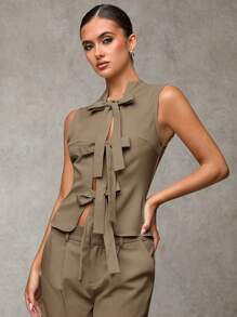 SHEIN BAE Women Solid Color Tie Strap Sleeveless Blouse - Brown - View 5