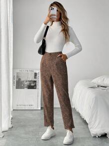 SHEIN LUNE Damen Hose mit Knopftaschen, modischer Streetwear-Stil, Leoparden Muster, tailliert und gekürzt - Verschiedenfarbig - Übersicht 5