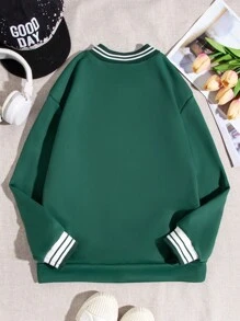 SHEIN 少女拼色印花长袖运动衫 - 墨綠色 - 查看 2