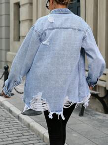 EMERY ROSE Long Sleeve Button Front Ripped Denim Jacket, Casual Daily Wear - Light Wash - View 2