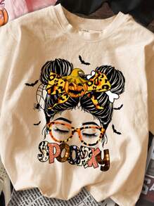 SHEIN Bộ 3 áo thun rộng rãi in hình ma và bí ngô hoạt hình dễ thương dành cho bé gái dự tiệc Halloween mùa hè và mùa thu. - Nhiều màu - Xem 3