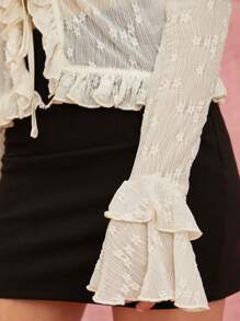 Enchnt Autumn New Women's Romantic And Exquisite Solid Color Lace Pleated Front Tie Long-Sleeved Casual Top, Autumn Top - Beige - View 5