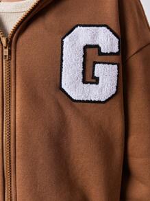 SHEIN Tween Girls' Loose Casual Letter Print Hoodie Jacket - Khaki - View 4