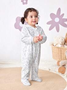 新生女宝宝舒适保暖连帽连体衣，豹纹印花，秋冬季 - 白色 - 查看 7