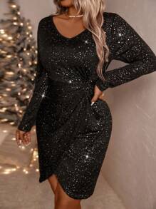 SHEIN Clasi 大码女式圣诞金箔扭纹针织长袖常规优雅派对礼服，秋冬亮片女装