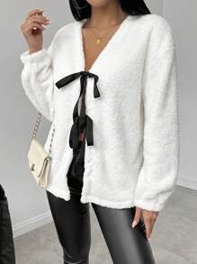 Chiquease Women Contrast Color Warm Fleece Hooded Jacket With Front Tie - White - View 6