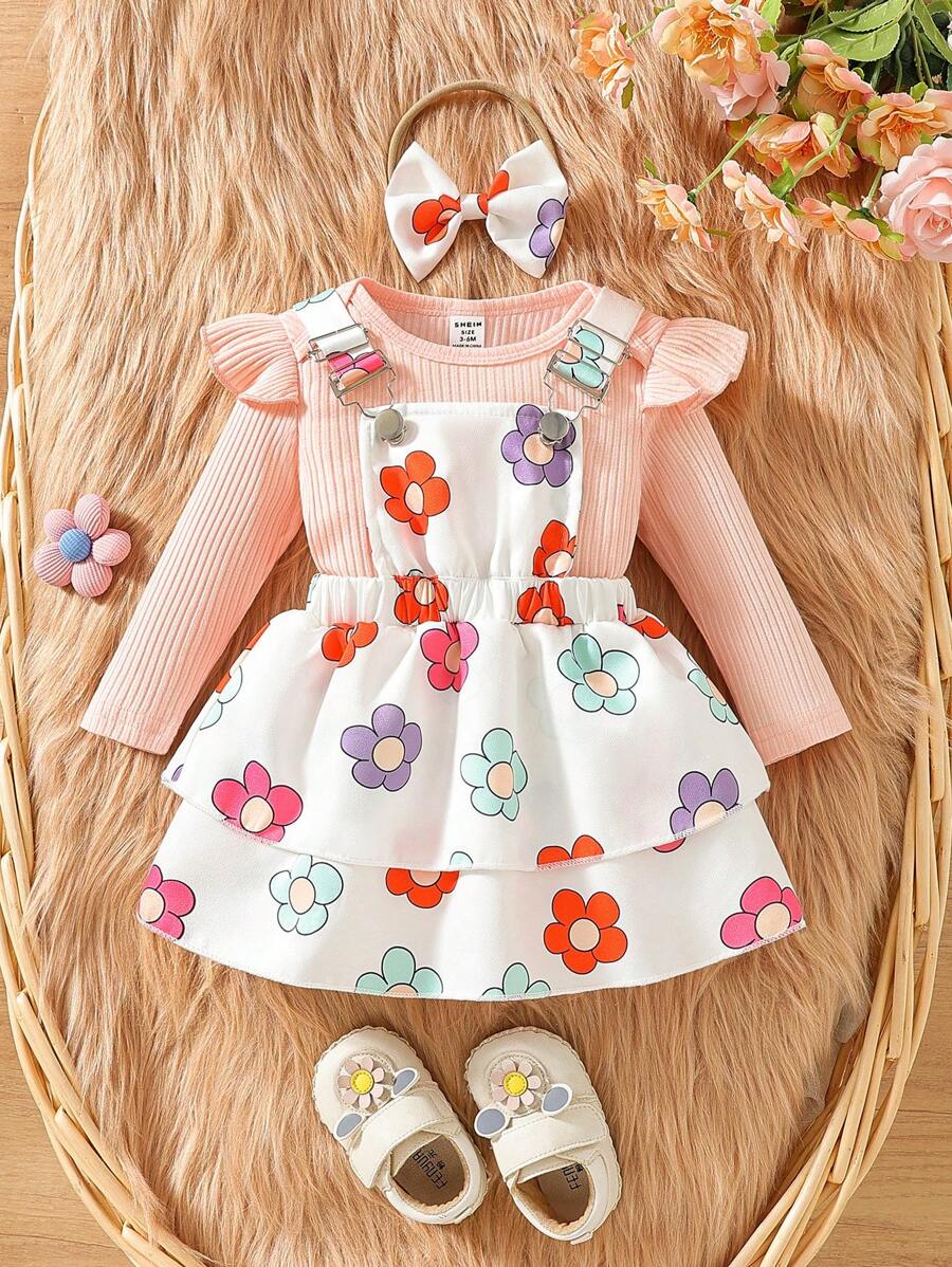 SHEIN 2pcs Baby Girl Ribbed Solid Color Romper & Floral All Over Print Pinafore Dress Set
