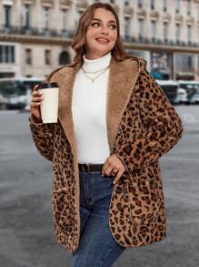 SHEIN Clasi 1pc Plus Size Hooded Zip-Up Cardigan With Leopard Print & Pockets, Casual, For Winter Fall Autumn - Brown - View 6