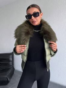 EURMUSE 人造毛皮连帽衫 拉链宽松时尚加垫冬季外套 - 綠色 - 查看 1