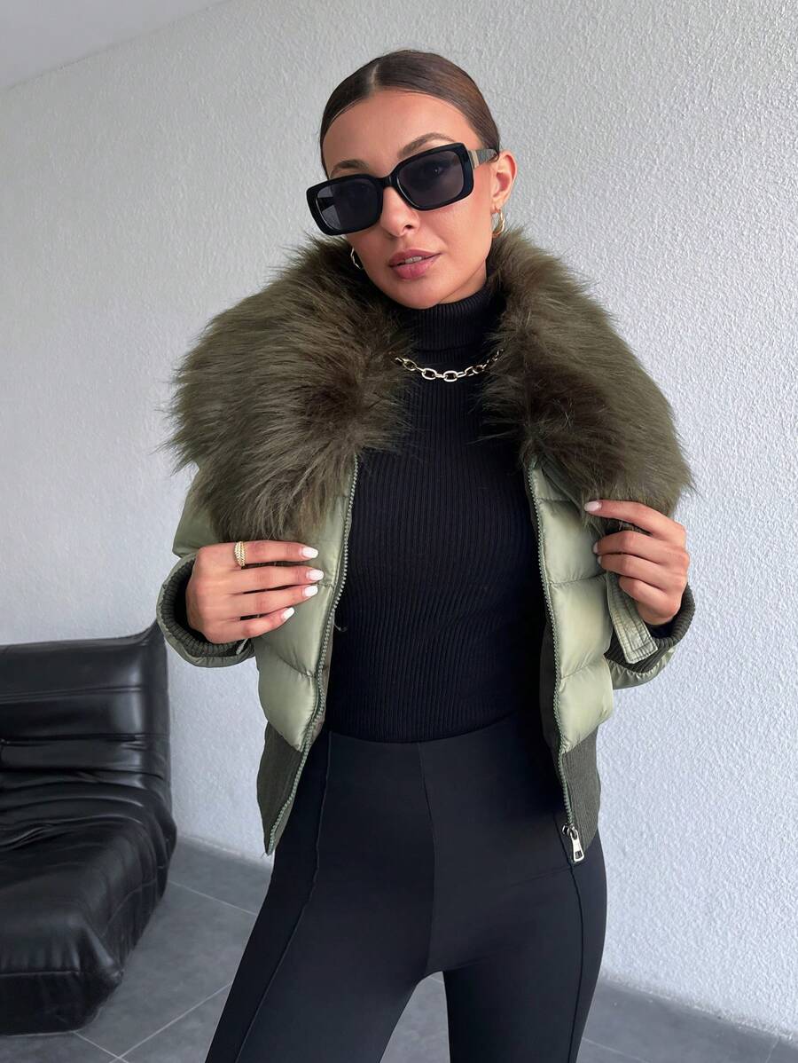 EURMUSE 人造毛皮连帽衫 拉链宽松时尚加垫冬季外套 - 綠色 - 查看 1