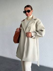 EURMUSE Lapel Neck Lantern Sleeve Belted Overcoat - Beige - View 5