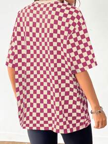 SHEIN EZwear قميص تي شيرت كاجوال بأكمام قصيرة وياقة دائرية فضفاض بنمط مربعات، مناسب للصيف وقليل الشفافية بمقاسات كبيرة