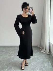 Rafferiza 秋季缎面优雅长款系腰圆领中长连衣裙长款女装 - 黑色 - 查看 6