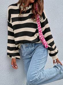 SoleilVie 女士撞色条纹圆领长袖毛衣，长袖上衣，针织套头衫，秋冬款 - 彩色 - 查看 8