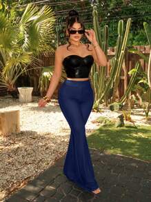 SHEIN SXY Summer Denim Effect Casual Wide Leg Flare Jeans Women Long Pants - Navy Blue - View 4