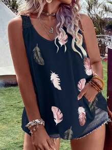 SHEIN LUNE Plus Feather Print Contrast Guipure Lace Graphic Women Summer Boho Tank Top - Navy Blue - View 3