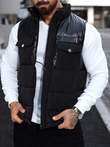 Manfinity Homme Men Pocket Design Casual Winter Matching Sleeveless Coat , Black Vest