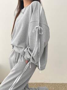 DAZY Sudadera con capucha de mujer de línea térmica simple y sólida, informal, con cordón, de manga larga, ropa de otoño - Gris - Ver 7