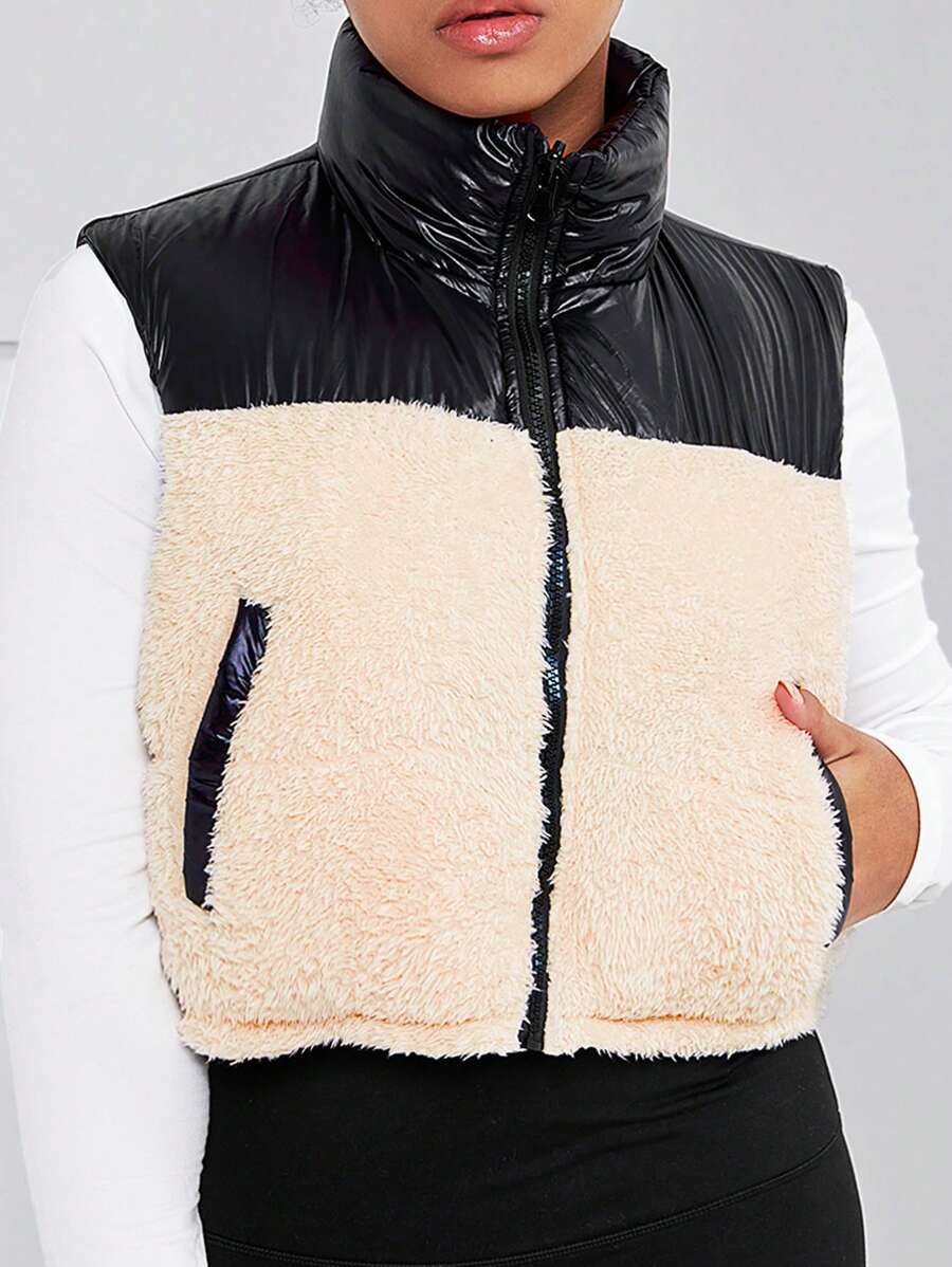 Teens/Girls Casual Streetwear Chic Reversible Fleece Vest Padded Coat - Black - View 1