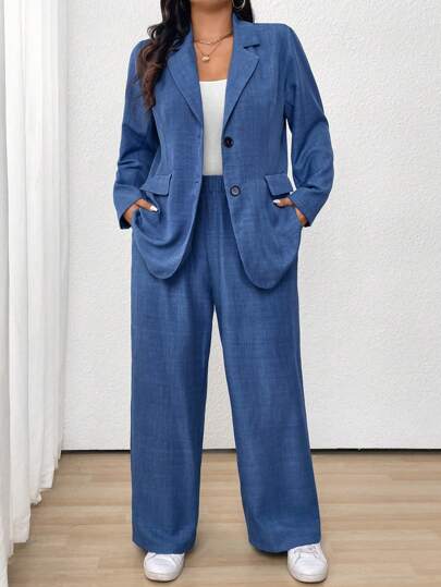 Traje de blazer y pantalón de uso diario minimalista de unicolor para mujer talla grande