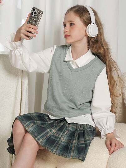 SHEIN Explorewe 2 件套青少年女孩校服休闲针织毛衣背心和裙子