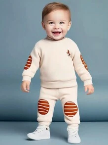 2pcs Baby Boys Casual Khaki Golf & Horse Embroidery Sweatshirt And Sweatpants Set, Suitable For Outings, Gatherings And Photo Shoots In Autumn And Winter