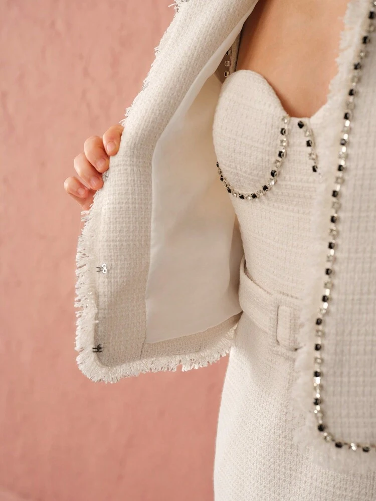 Women's Handmade Diamond Chain Embellished Tweed Jacket,Fall Women Clothing,Winter Women Clothing