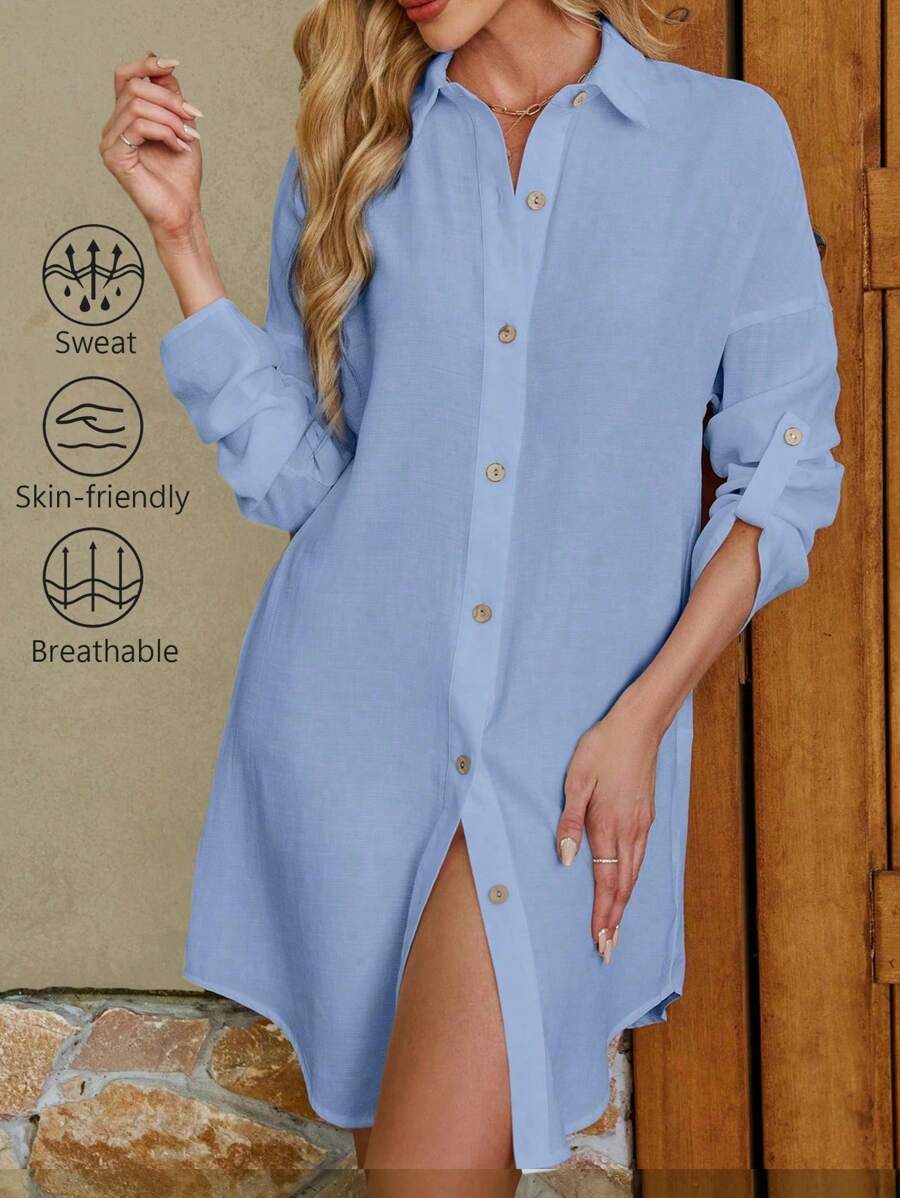 Elva 女士纯色前扣休闲宽松大码衬衫裙，春夏款 - 查看 1