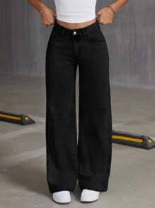 SHEIN ICON 刺绣蝴蝶结洗水牛仔裤 - 黑色 - 查看 5