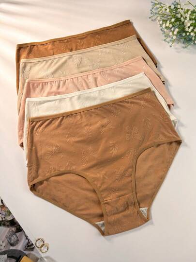 5pcs/Pack Plus Size Plain Jacquard Underwear