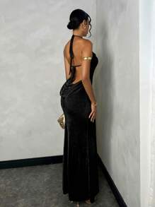 SHEIN BAE Women's Solid Red Backless Spaghetti Strap Dress Elegant Fishtail Hem Sleeveless Bodycon Gown For Vacation, Date, Daily Wear, Party, Halloween,Club Women Outfits,Valentine's Day,Valentine Outfits For Women - Black - View 2