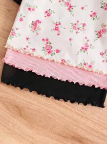 Young Girl 3pcs/Set  Cute Solid Color & Floral Pattern Knitted Print Lettuce Trim Versatile Tee,Great For Casual & Daily Wear & School Daily In  Autumn &  Winter - Multicolor - View 4