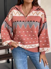 EMERY ROSE 大码女式几何复古印花 Polo 领拉链长袖休闲宽松针织高领毛衣秋冬季 - 彩色 - 查看 6