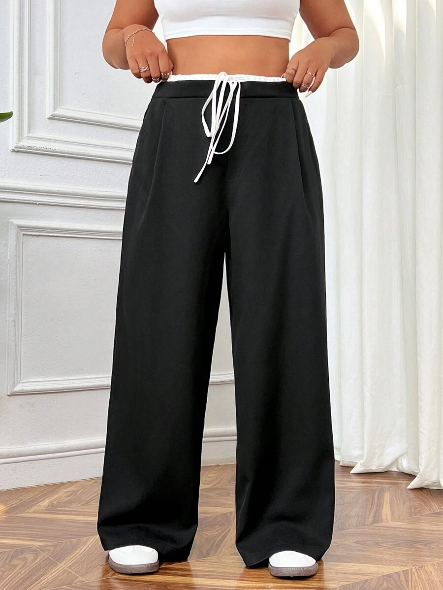 CovetEZ Plus Size Contrast Color Waistband Pants - Black and White - View 1