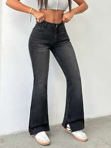 Cottnline 98% 纯棉低腰开衩喇叭腿牛仔裤 - 灰色 - 查看 7