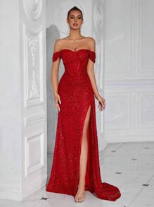 Elisanya Robe de cocktail à la taille plissée, à l'épaule dénudée, avec nœud et fente au dos. Robe de soirée élégante et formelle pour les invités de mariage, les remises de diplômes, les dîners. Avec paillettes