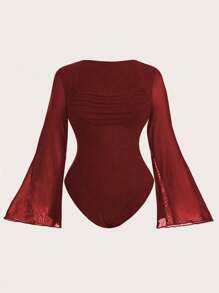 SHEIN MOOSTA 大码纯色长袖网眼撞色紧身衣，休闲与度假风格 - 酒紅色 - 查看 1