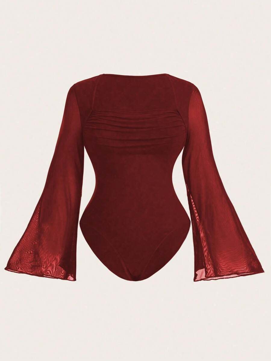 SHEIN MOOSTA 大码纯色长袖网眼撞色紧身衣，休闲与度假风格 - 酒紅色 - 查看 1