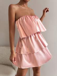 Allurite 性感荷叶边露背吊带背心蛋糕裙，夏季 - 藕粉色 - 查看 8