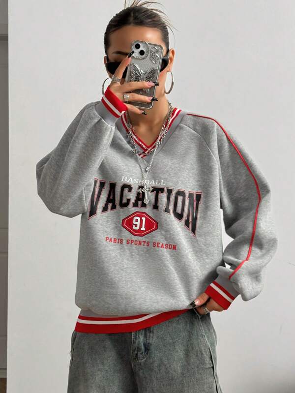 StreetHx Retro V-Ausschnitt Farbblock Loose Fit Pullover Oversized Sweatshirt für Frauen, Schulanfang Saison