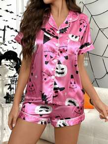 Halloween Cartoon Pumpkin & Bat Print Satin Pajama Set - Pink - View 4