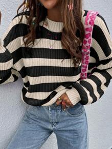 SoleilVie 女士撞色条纹圆领长袖毛衣，长袖上衣，针织套头衫，秋冬款 - 彩色 - 查看 4