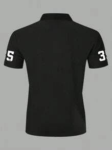 Manfinity Homme 男士字母印花短袖 Polo 衫，夏季 - 黑色 - 查看 2